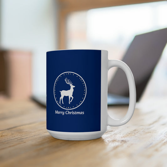 White reindeer in circle design, blue Christmas Ceramic Mug 15oz