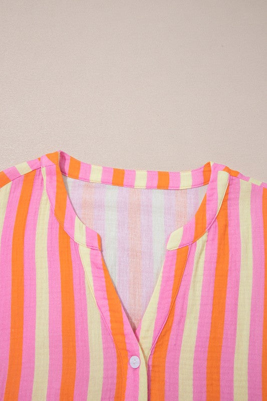 Plus Size Crinkled Half-Button Blouse Stripe