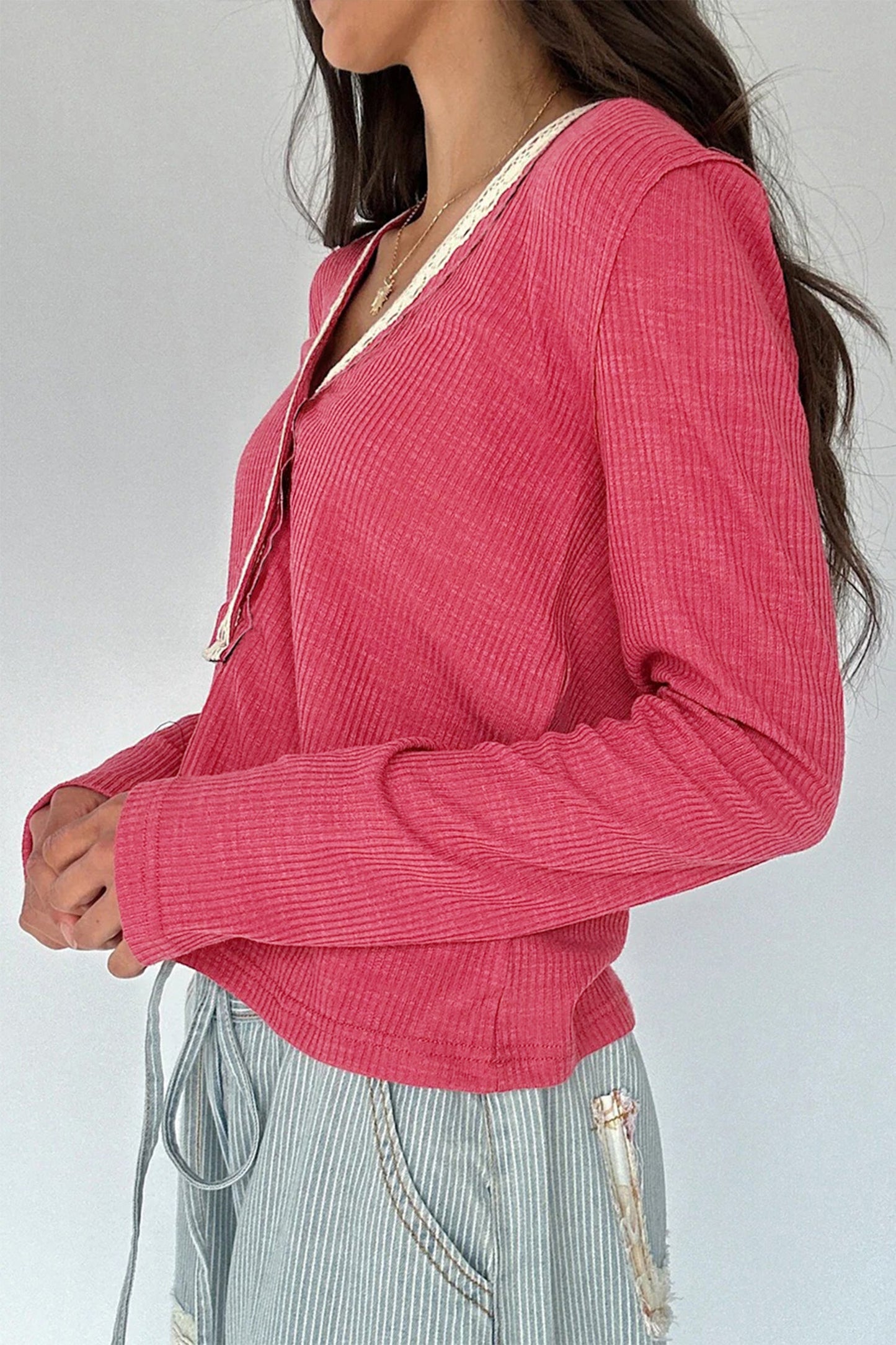 Racing Red Ribbed Texture Contrast Lace Trim Long Sleeve Top