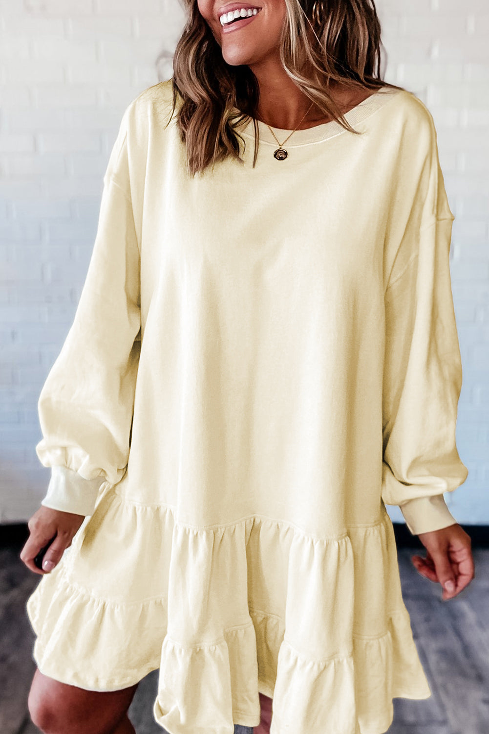 Beige Double Tiered Ruffle Hem Long Sleeve Mini Dress