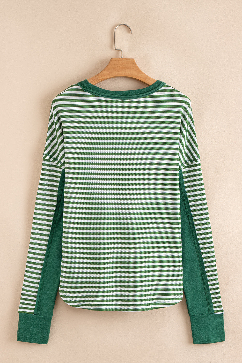 Khaki Stripe Thermal Knit Casual Top Drop Shoulder