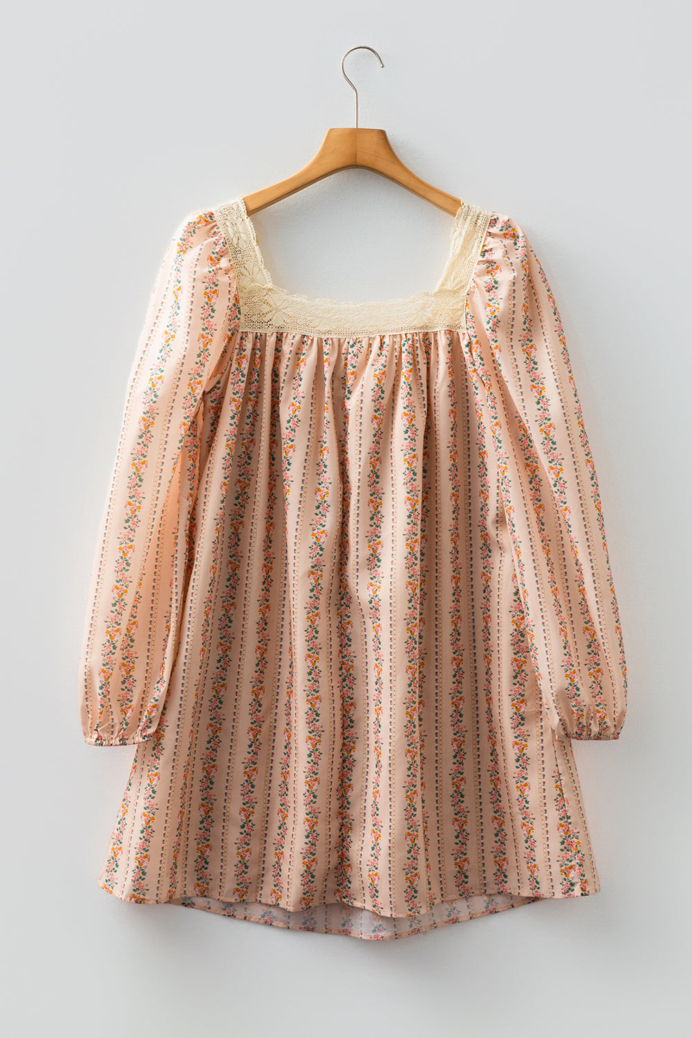 Khaki Floral Print Velvet Bow Lace Patchwork Long Sleeve Mini Dress