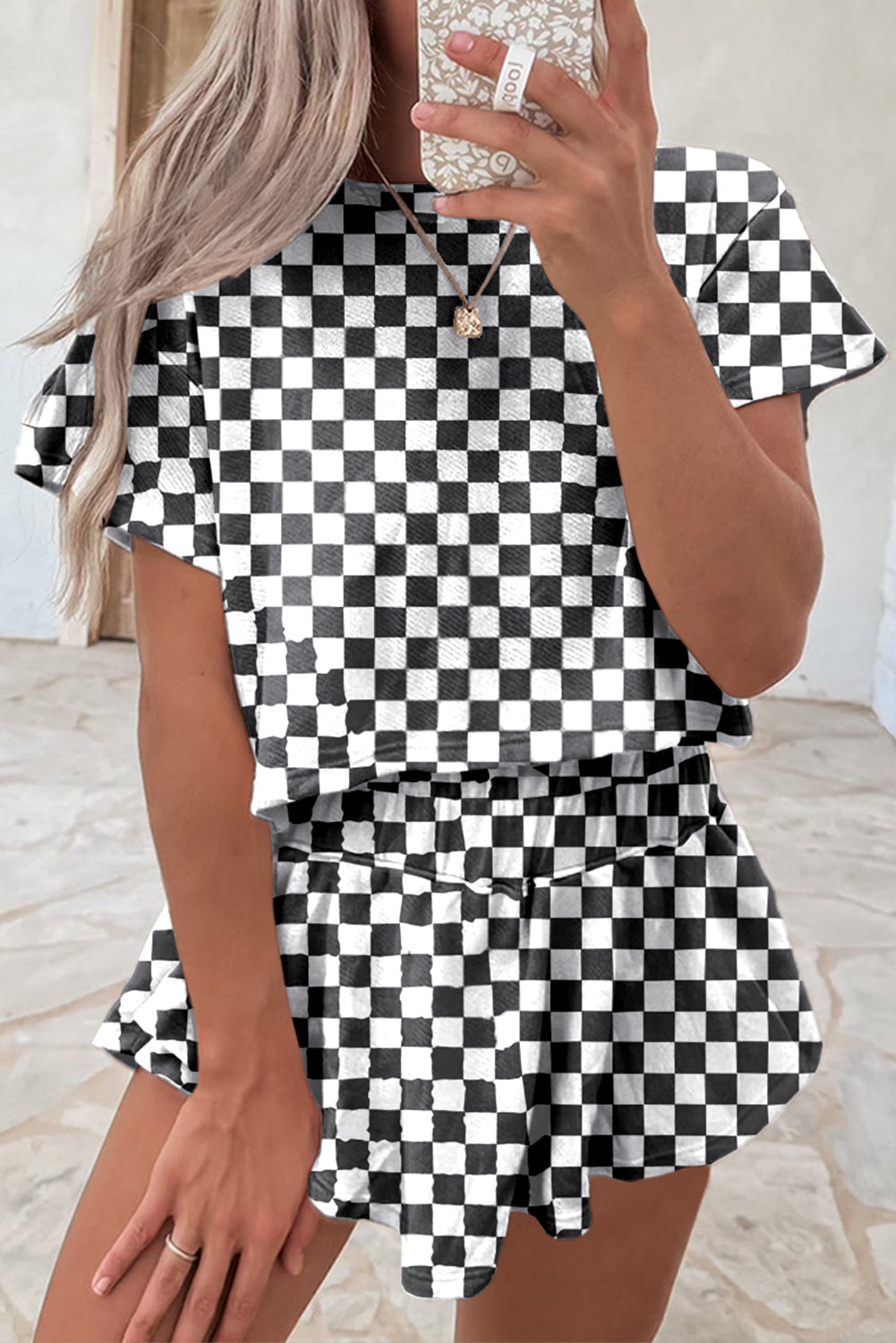Luxury Checkerboard T Shirt and High Waist Skorts Set