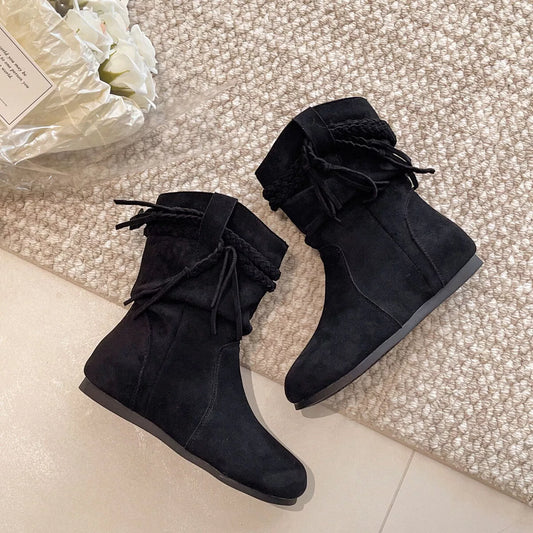 Suede Fringe Round Toe Boots Block Heel