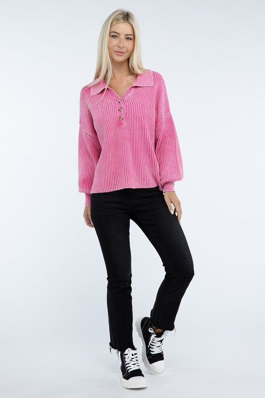 Washed Collared Henley Sweater Low Gauge Heavyweight Sweater