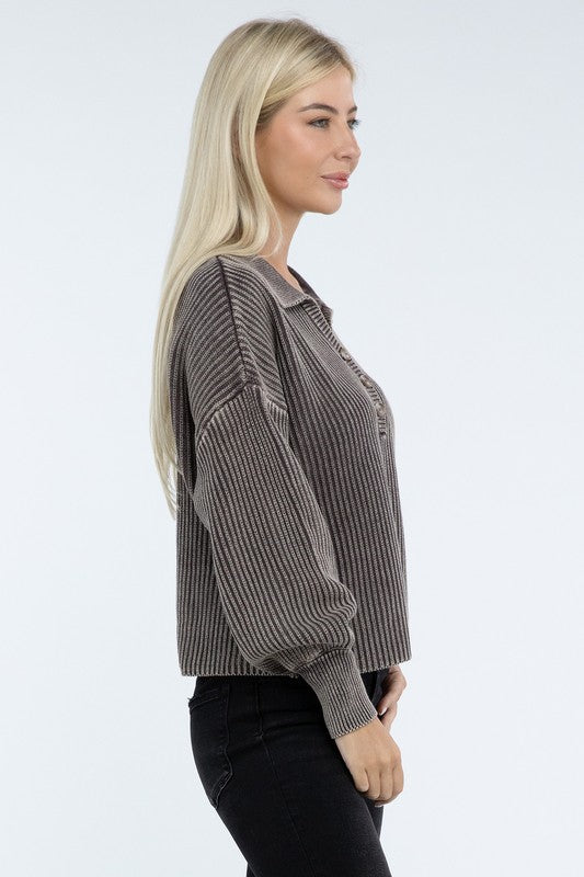 Washed Collared Henley Sweater Low Gauge Heavyweight Sweater