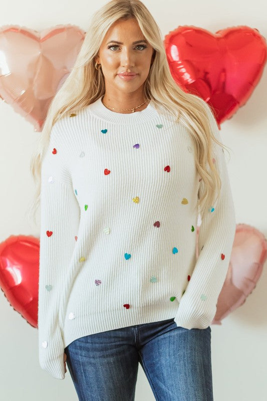 Heart Sequin Waffle Knit Crewneck Sweater