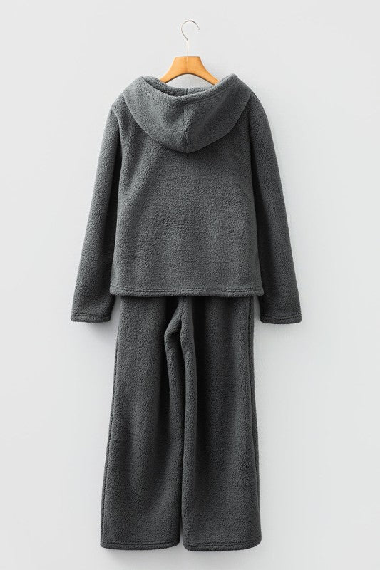 Fuzzy Drawstring Cozy Loungewear Set Hoodie and Pants