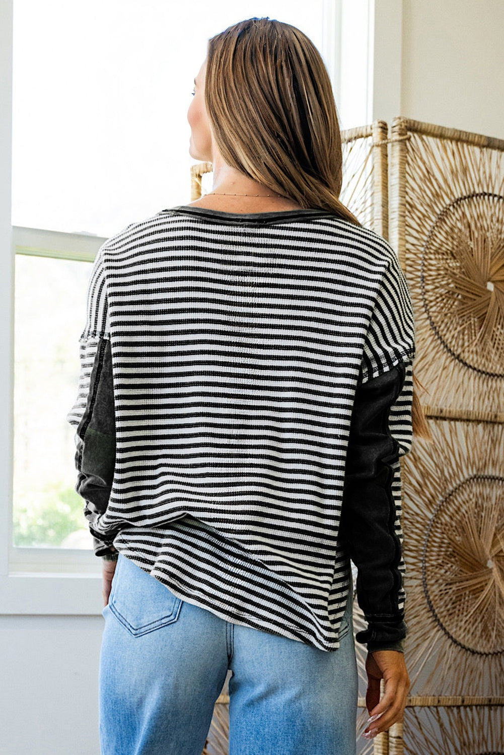 Khaki Stripe Thermal Knit Casual Top Drop Shoulder