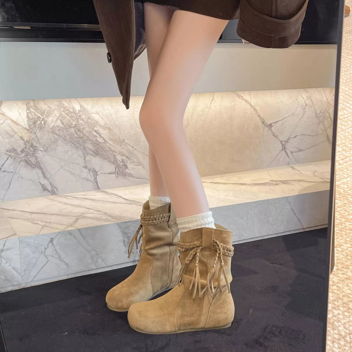 Suede Fringe Round Toe Boots Block Heel