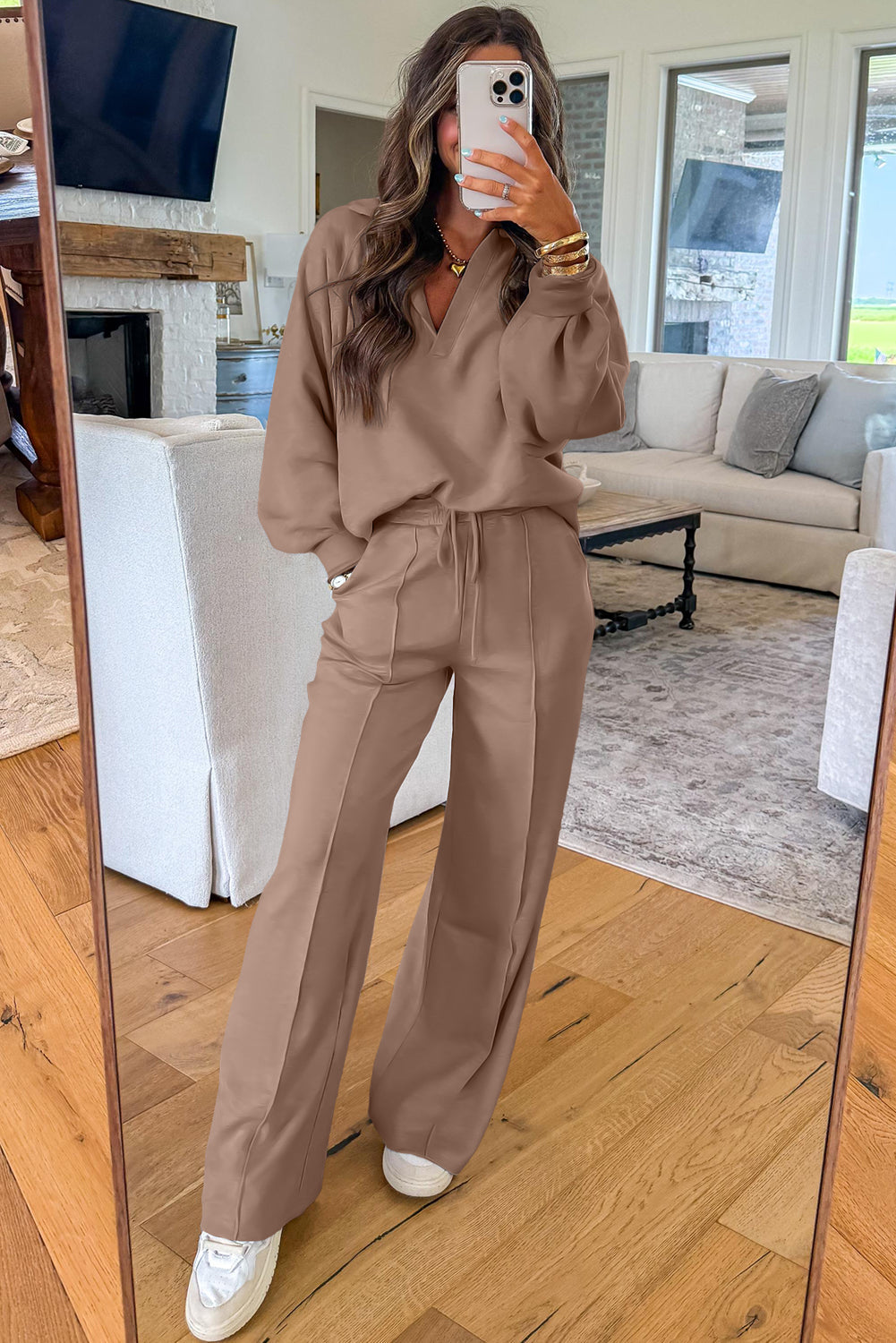 Dark Khaki V Neck Pullover and Drawstring Sweatpants Set