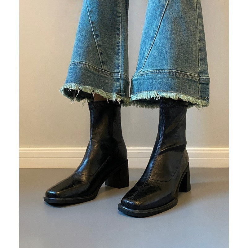 Stretch Retro Chunky Heels High Heel Style Commuter Boots