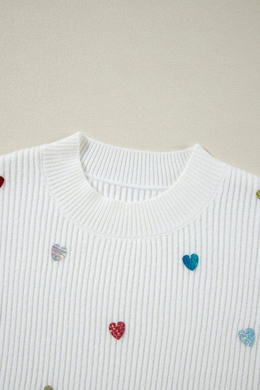Heart Sequin Waffle Knit Crewneck Sweater