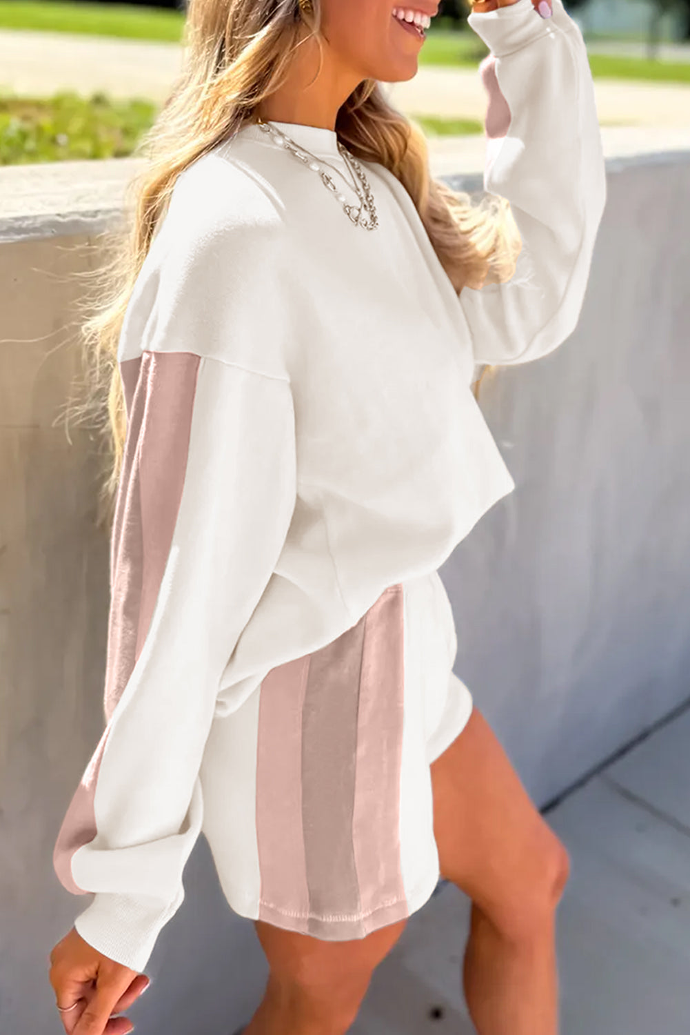 White Color Block Patchwork Drop Shoulder Pullover Casual Shorts Outfit