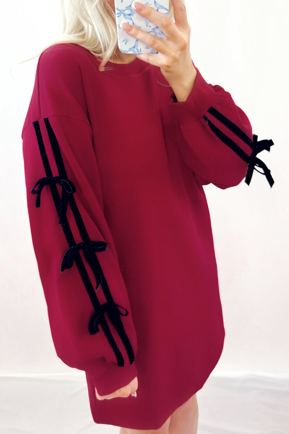 Racing Red Contrast Striped Bow Detail Sweatshirt Dress with Pockets