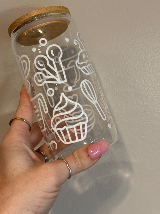 Baking Love White Line Art Glass Cup with Bamboo Lid