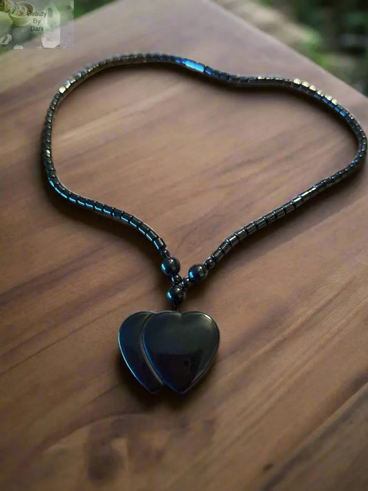 Double Heart Hematite Necklace with Magnetic Clasp Beauty by Dani