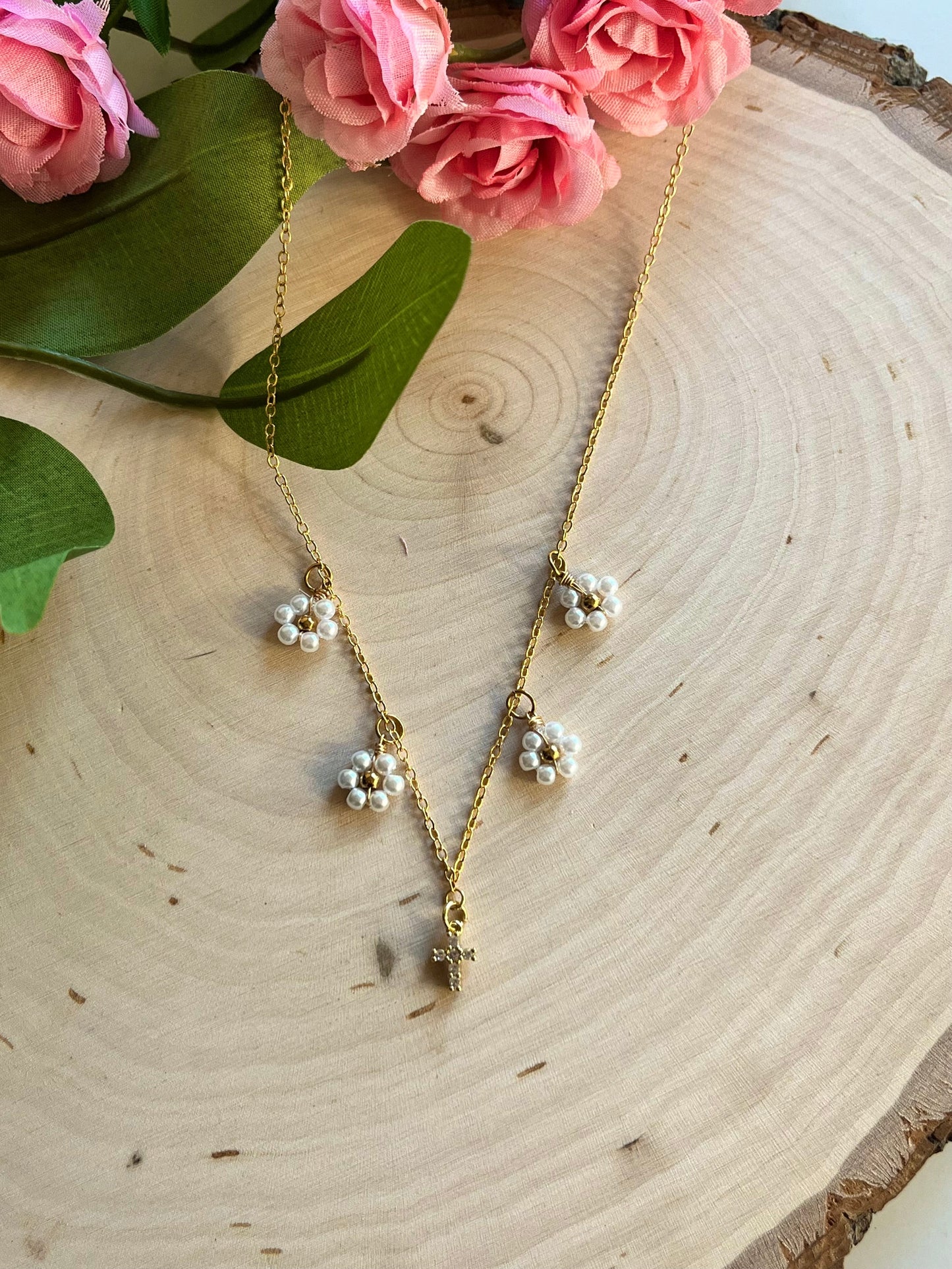 Gold Necklace – 16K Faith Pendant with Daisies and Cross