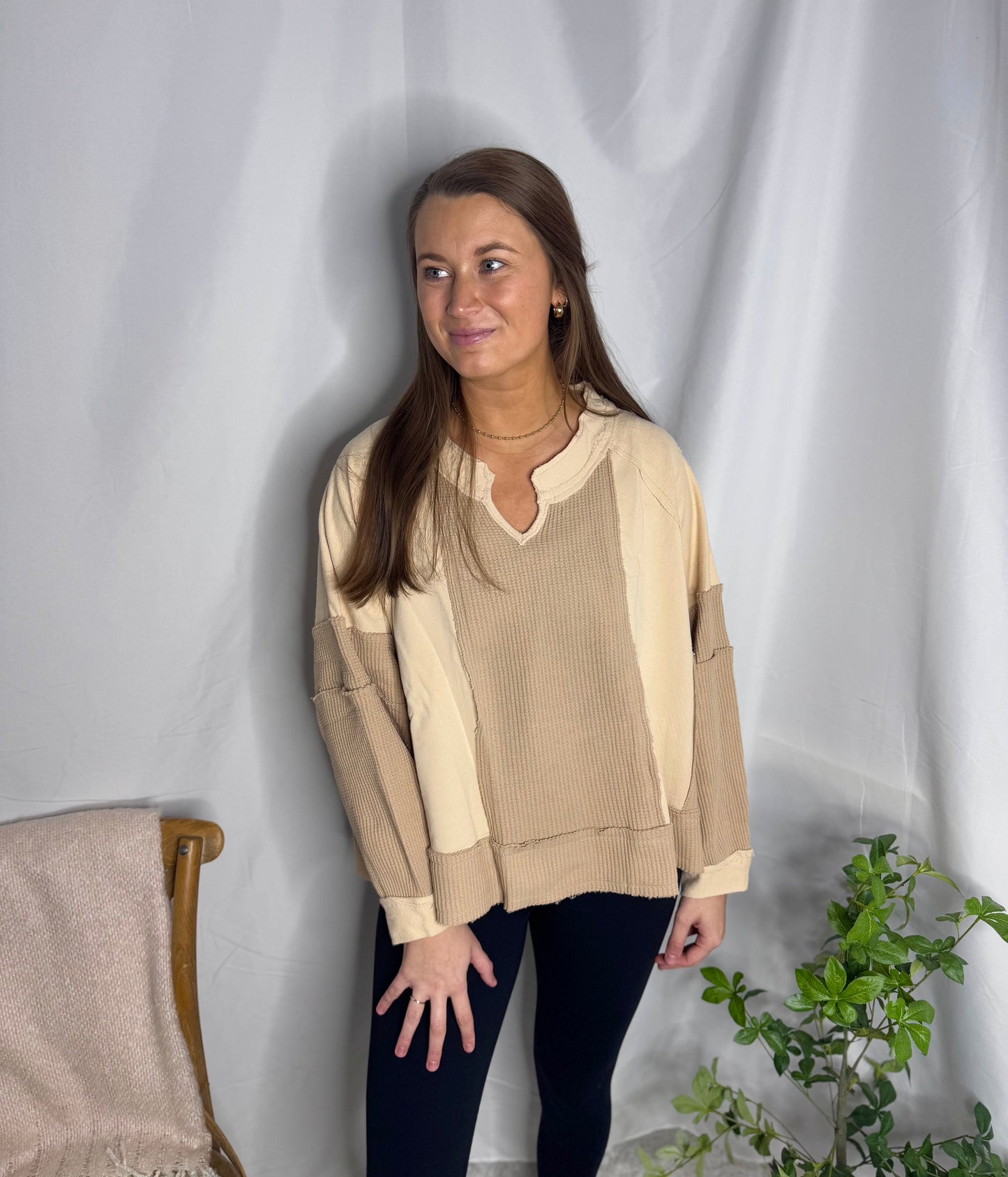 Hazel Ivory Beige Color Block Waffle Knit Pullover Sweater