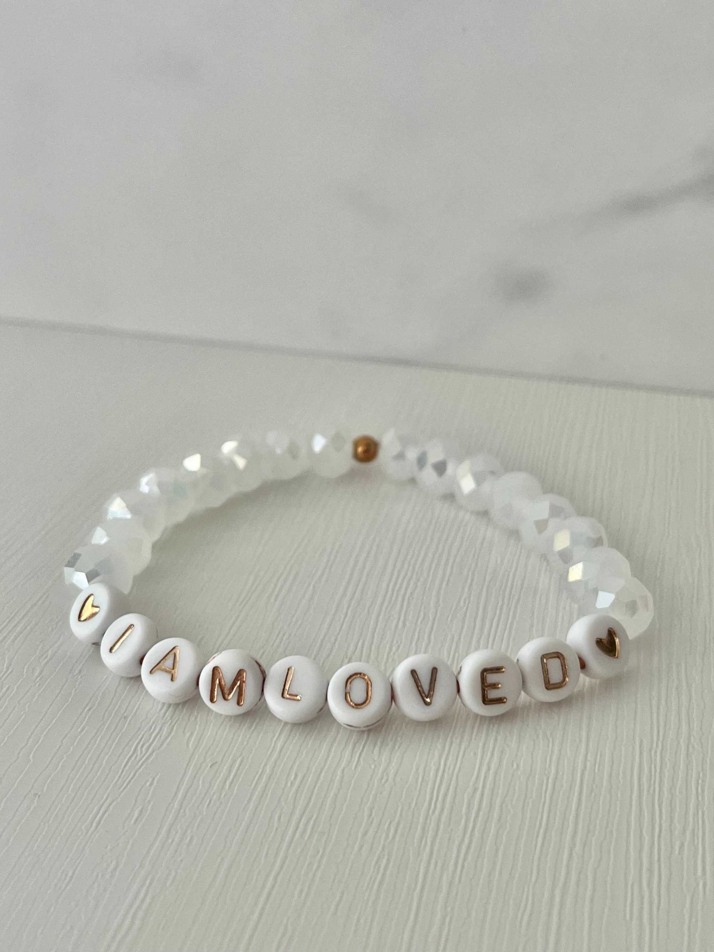 Pink Opal and White Bead I Am Loved Bracelet Christian Jewelry