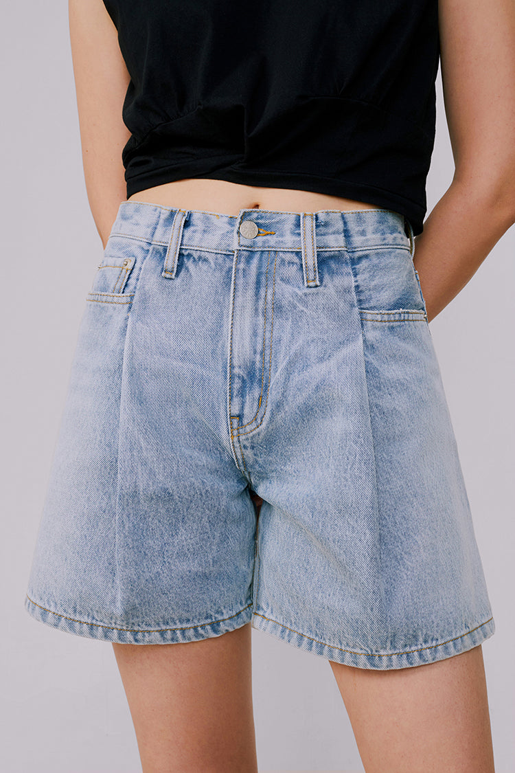 Pleated Fun Short High-Rise Mid-Weight Denim Shorts Hey Joanie