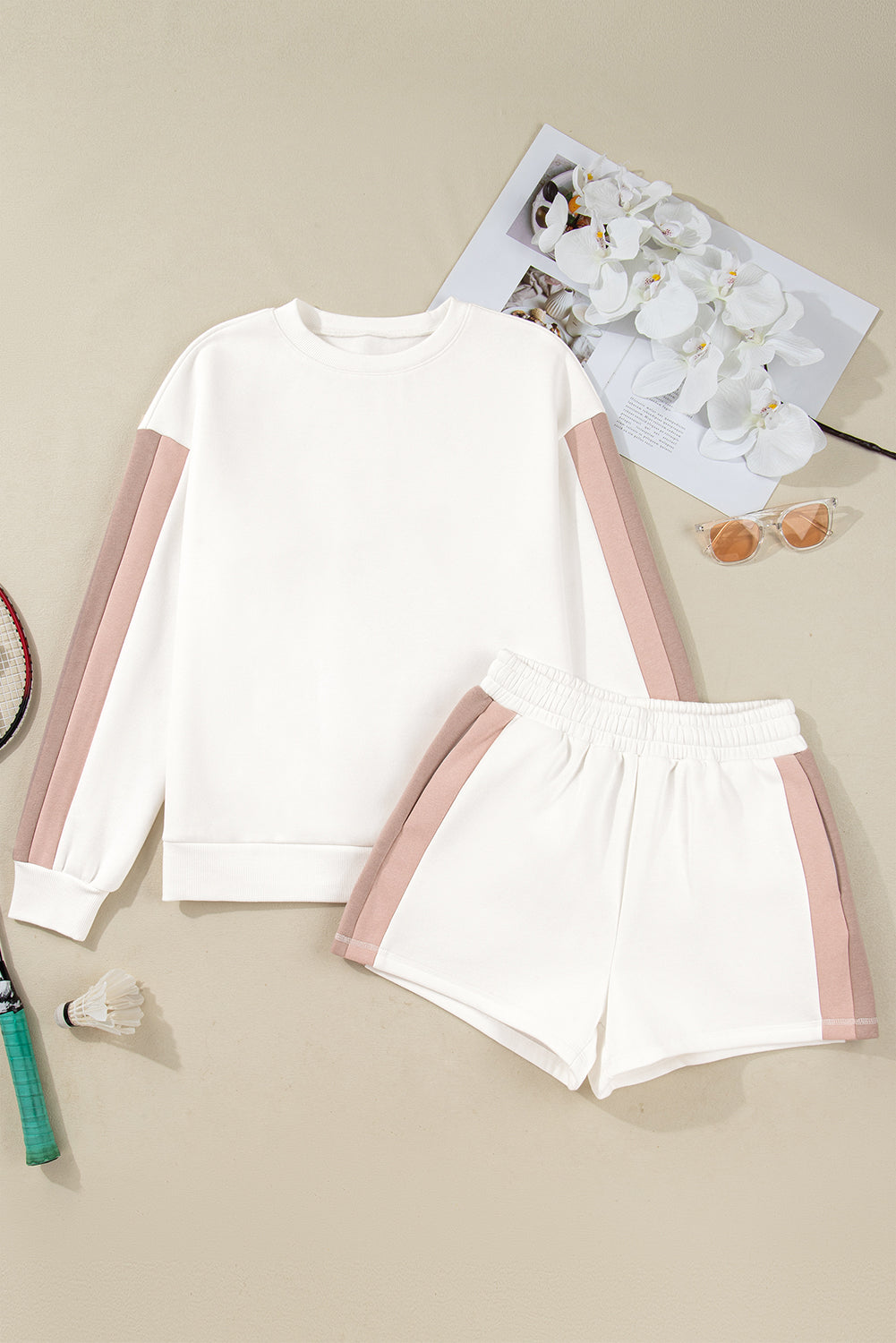White Color Block Patchwork Drop Shoulder Pullover Casual Shorts Outfit