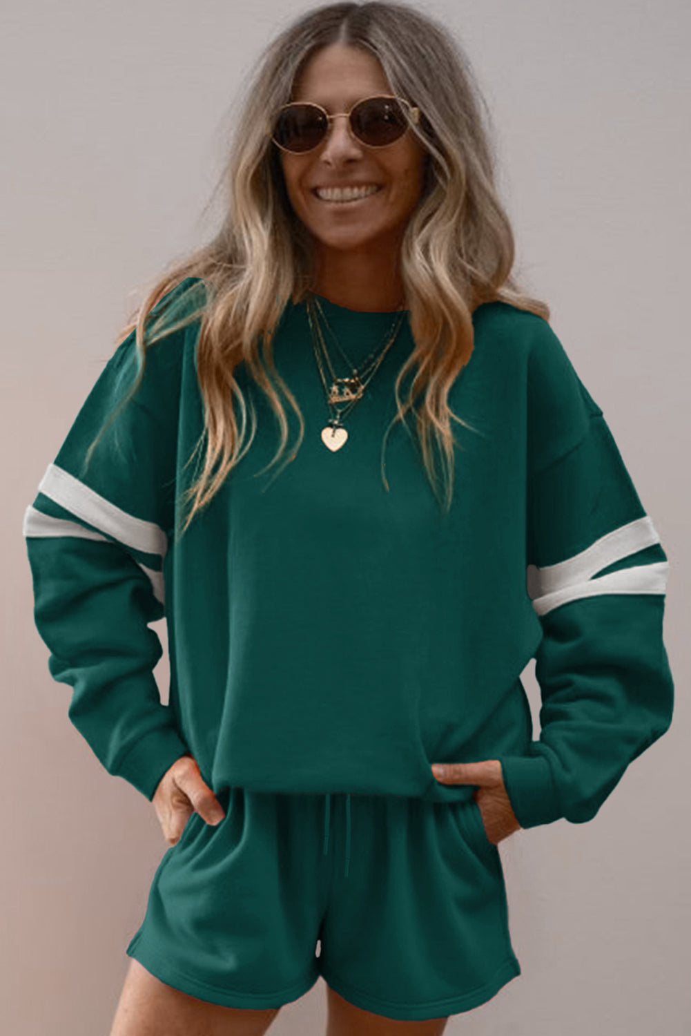 Varsity Striped Sleeve Drop Shoulder Sweatshirt and Shorts Set Evergreen