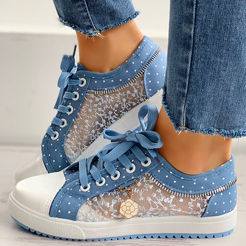 Floral Embroidered Polka Dot Print Sneakers Women's Casual Canvas Shoes