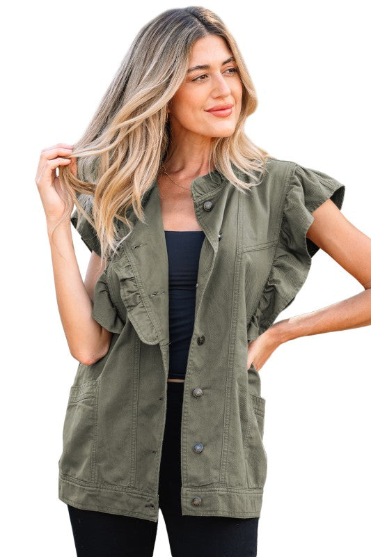 Denim Patchwork Ruffle Sleeve Jacket Vest