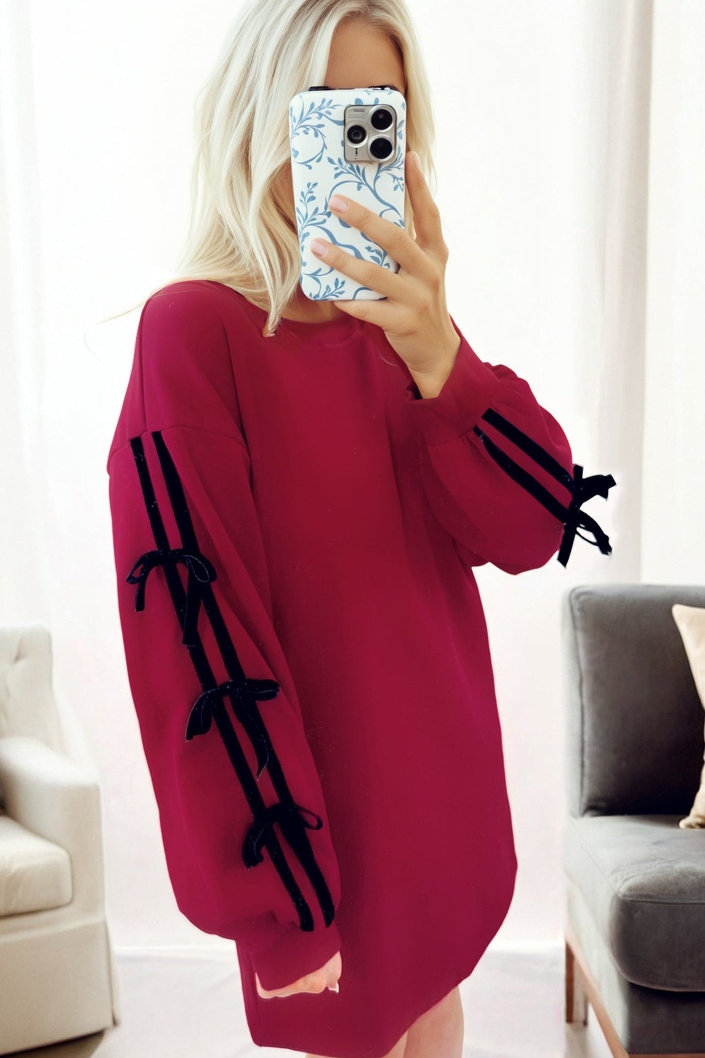 Racing Red Contrast Striped Bow Detail Sweatshirt Dress with Pockets