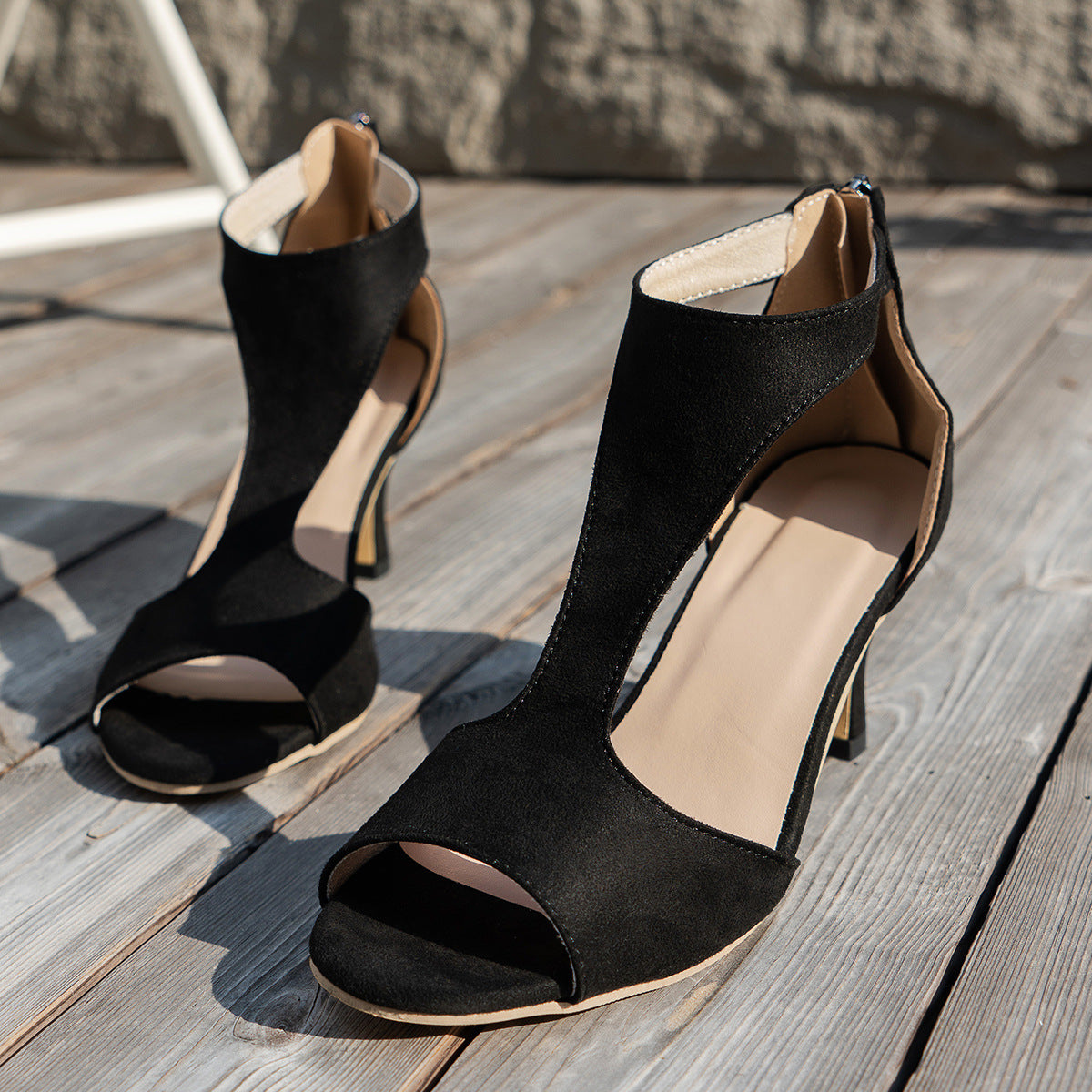 Women’s Zipper High Heel Peep Toe Shoes Suede Upper Stepique