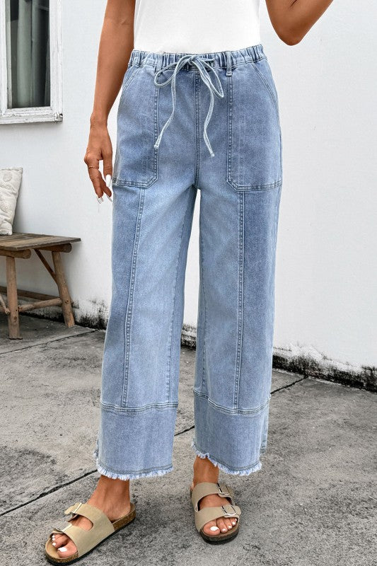Denim Raw Hem Drawstring Wide Leg Pants