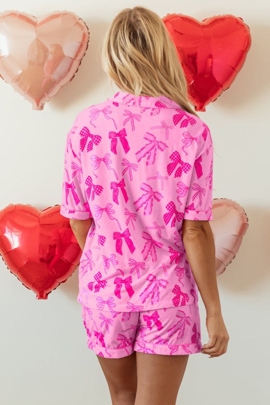 Bow Shirt and Shorts Pajamas Set Polyester Spandex