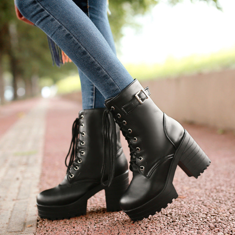 Chunky Heel PU Martin Ankle Combat Boots Women’s Stylish