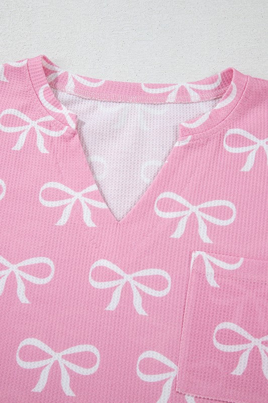 Bow Waffle Knit Lounge Set with Bowknot Detail T-Shirt and Shorts