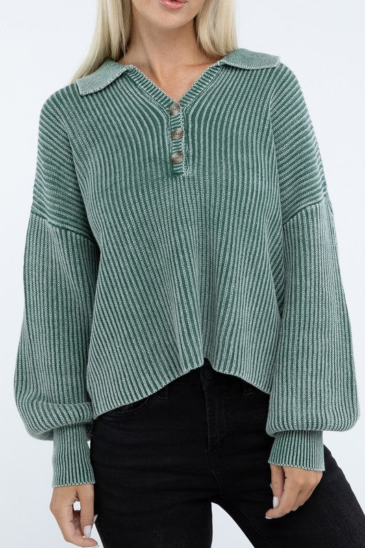 Washed Collared Henley Sweater Low Gauge Heavyweight Sweater