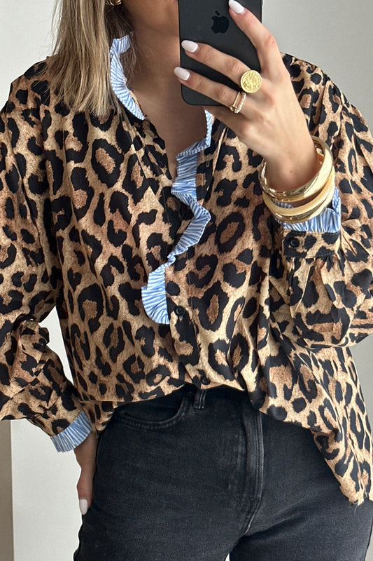 Brown Wild Leopard Print Contrast Striped Frilled Trim Shirt