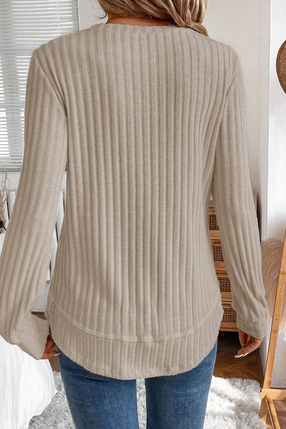 Jet Stream Ribbed Texture Round Neck Long Sleeve Knit Top
