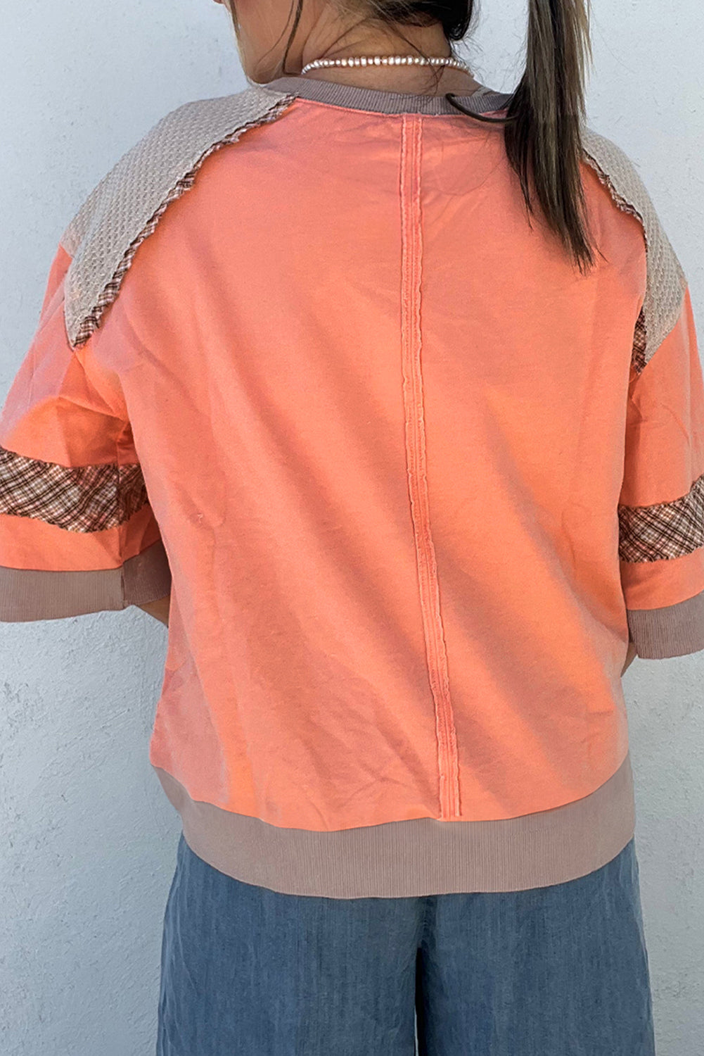 Grapefruit Orange Plaid Waffle Bracelet Sleeve Top