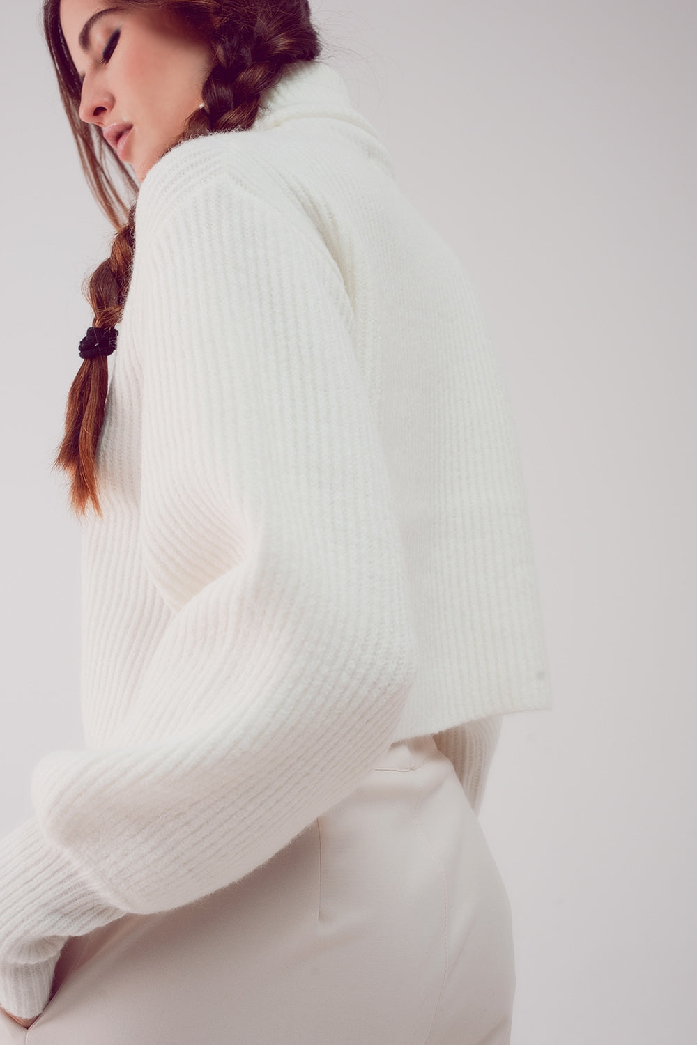 High Neck Cream Balloon Sleeve Jumper Chunky Knit Sweater