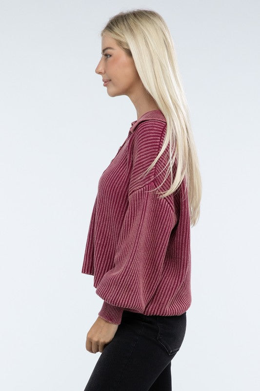 Washed Collared Henley Sweater Low Gauge Heavyweight Sweater