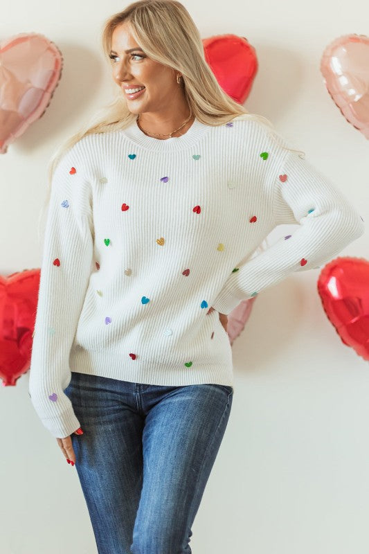 Heart Sequin Waffle Knit Crewneck Sweater