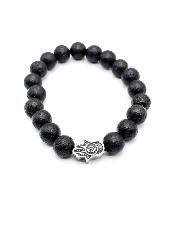 Hamsa Black Lava Stone Beaded Bracelet