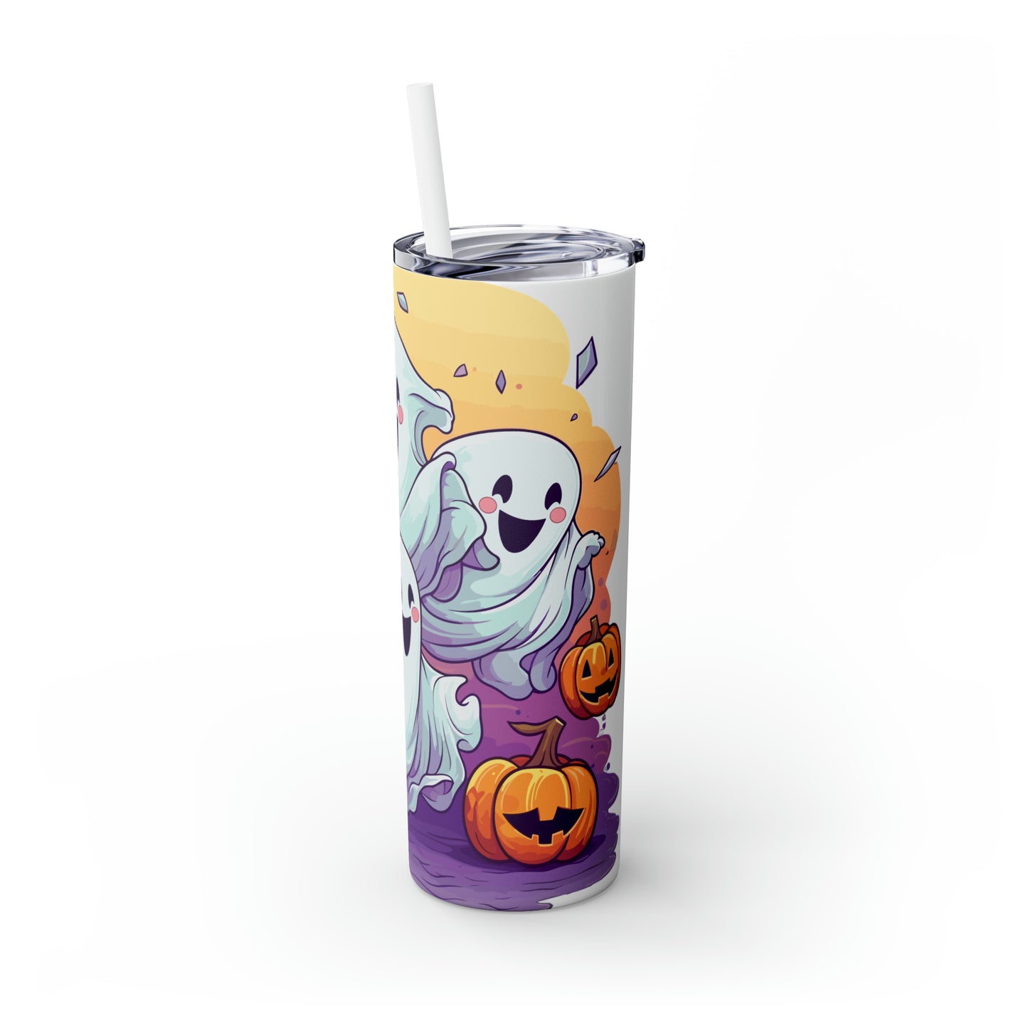 Halloween Skinny Tumbler with Straw 20oz - Spooky Drinkware - Ghost Theme - BPA-Free, Reusable Cup, Halloween Tumbler, Halloween Gift