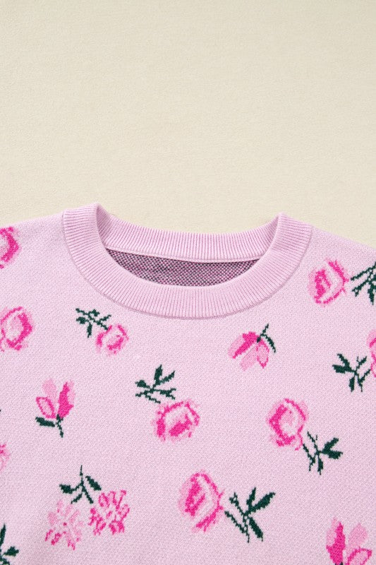 Floral Drop Shoulder Cropped Sweater Relaxed Fit Sweater