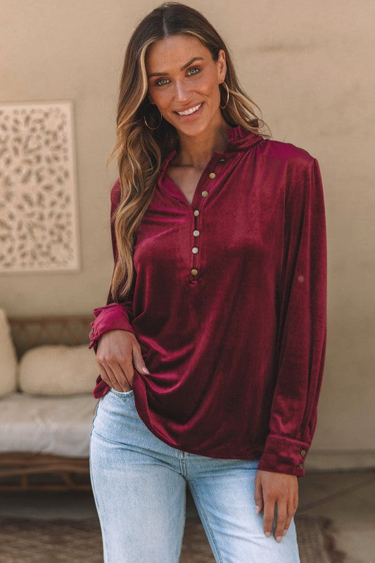 Velvet Frilled Neck Buttoned Top
