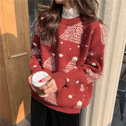 Red Christmas Tree Jacquard Warm Sweater Women Acrylic Long Sleeve
