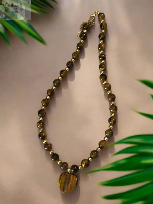 Tiger’s Eye 10mm Beaded Heart Necklace Beauty by Dani
