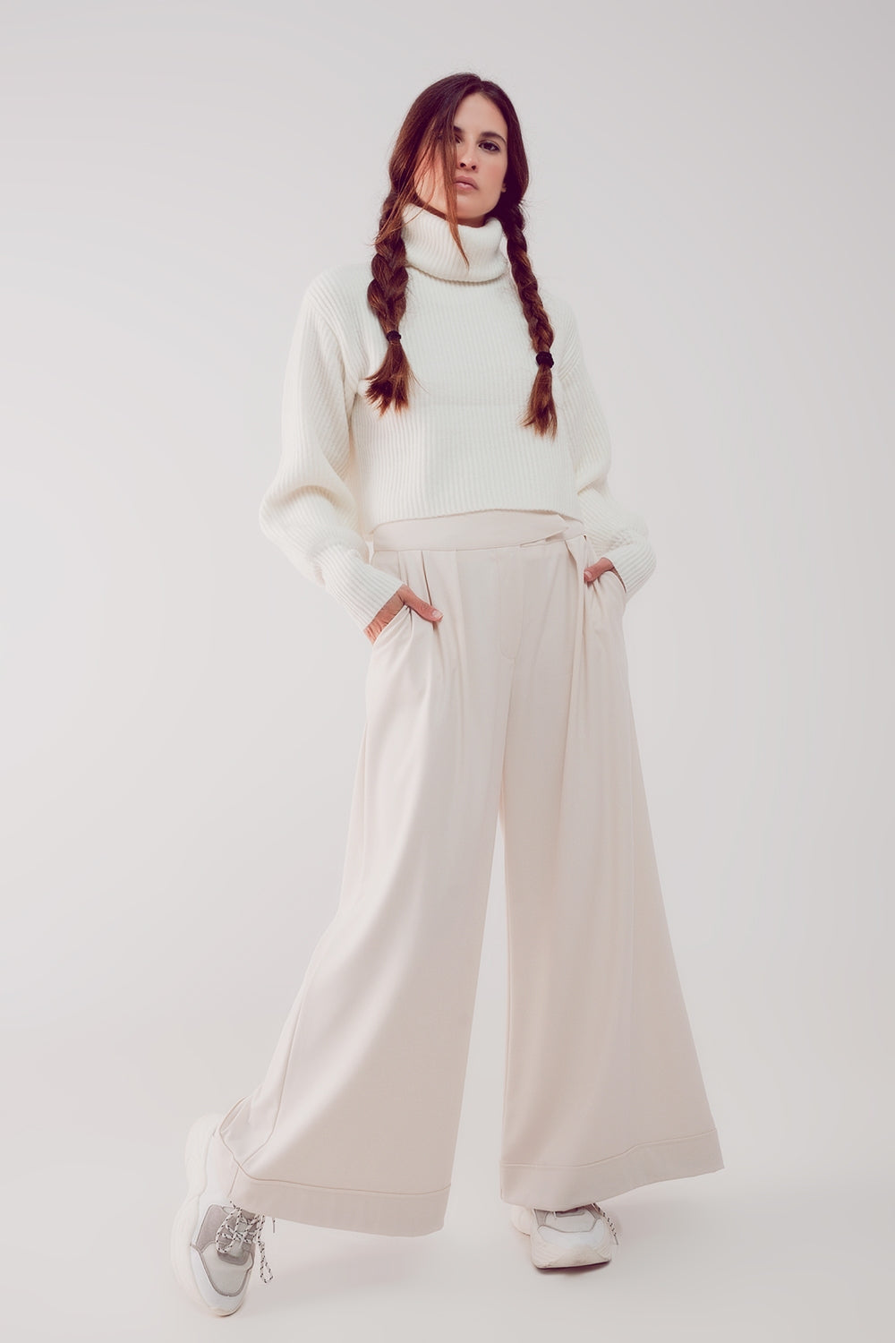 High Neck Cream Balloon Sleeve Jumper Chunky Knit Sweater