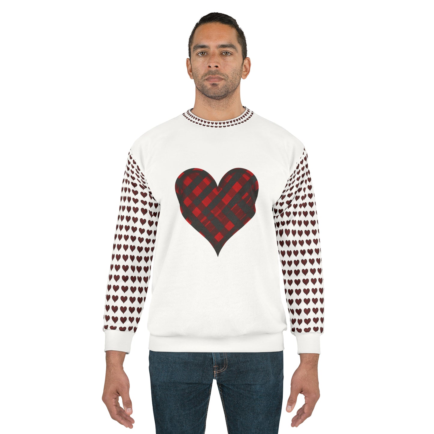 Valentine's Day best gift, red and black check heart shape design White Unisex Sweatshirt (AOP)